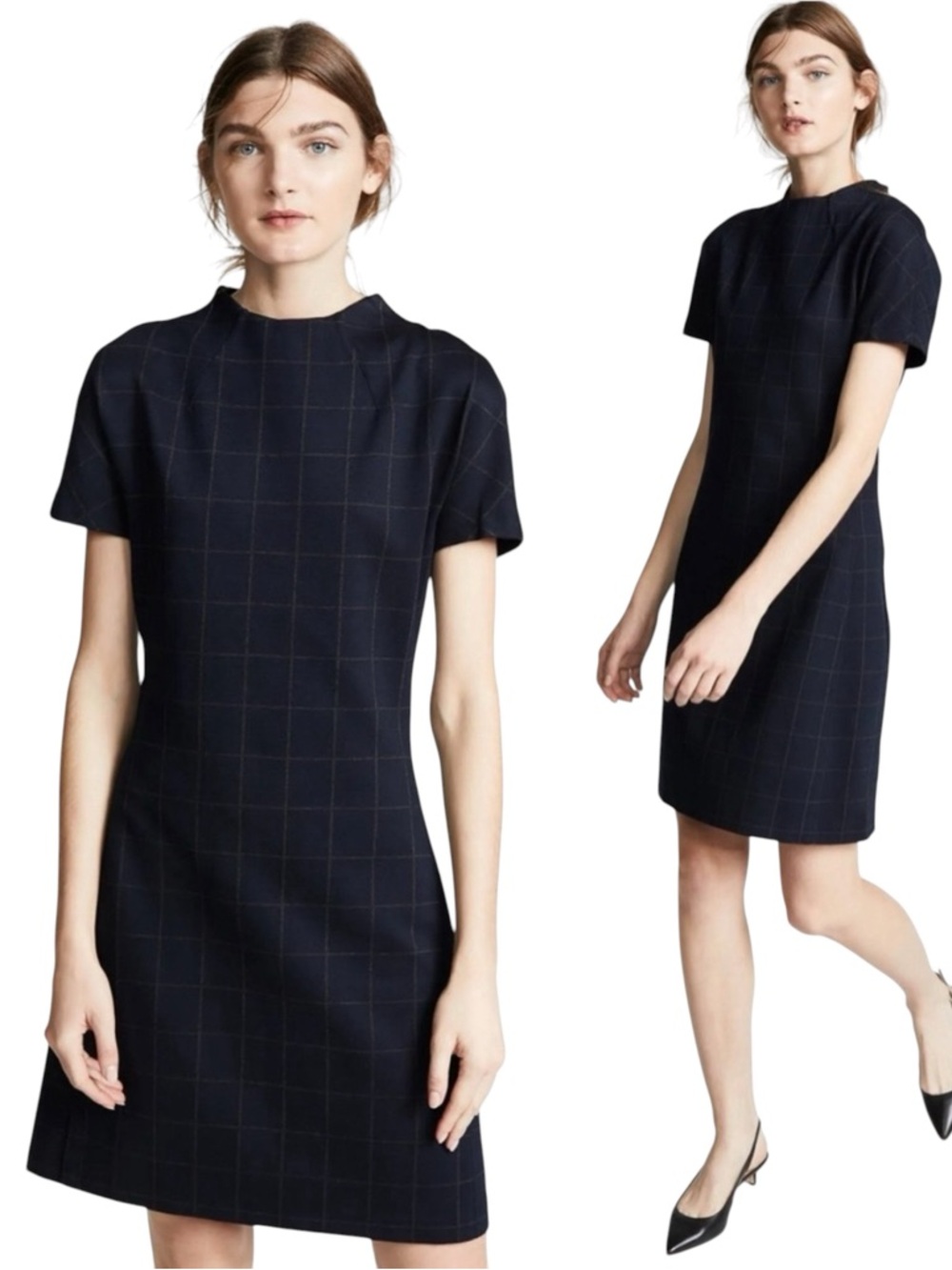 THEORY Dolman Short Sleeve Windowpane Navy Knit Mini Shift Dress
